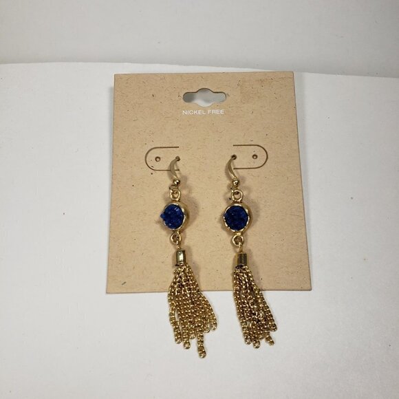 NWT Gold-tone Fringe chain Blue Drop Dangle Earrings - Picture 4 of 8